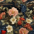 Vintage Birds In Strawberries Garden Seamless Pattern, Created With Generative AI