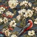 Vintage Birds In Strawberries Garden Seamless Pattern, Created With Generative AI