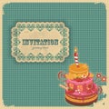 Vintage birthday card with cake and retro label