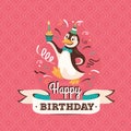 Vintage birthday greeting card with a penguin vector illustration Royalty Free Stock Photo