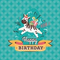 Vintage birthday greeting card with zebra vector illustration Royalty Free Stock Photo