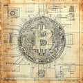 Vintage Bitcoin blueprint with detailed design elements