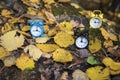 Vintage black alarm clock on autumn leaves. Time change abstract photo. Daylight saving time Royalty Free Stock Photo