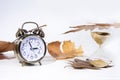 Vintage black alarm clock on autumn leaves. Time change abstract photo. Daylight saving time Royalty Free Stock Photo