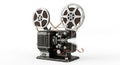 A vintage black film projector with two silver metal reels attached, featuring a control panel with buttons and knobs and a small Royalty Free Stock Photo