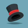 Vintage black gentleman top hat ith red stripe isolated on blue background. Vector flat design cloth illustration Royalty Free Stock Photo