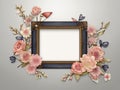 Vintage black and gold frame with flowers, leaves and butterflies on a gray background Royalty Free Stock Photo