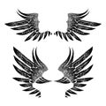 Vintage black graphic open wings in retro style on a white background. for logo, label, emblem, sign, trademark, tattoo, art.