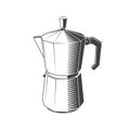 Vintage black Italian metallic coffee maker on white background. Vector illustration. Equipment for camping, climbing