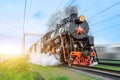 Vintage black steam locomotive train rush railway Royalty Free Stock Photo