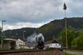 Vintage black steam locomotive train rush railway. Royalty Free Stock Photo