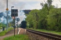 Vintage black steam locomotive train rush railway. Royalty Free Stock Photo