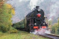 Vintage black steam locomotive train with wagons on railway. Royalty Free Stock Photo