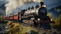 Vintage black steam locomotive train with wagons rush railway. Royalty Free Stock Photo