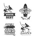 Vintage black surf graphics, emblems and labels. Vector set