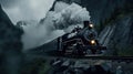 A vintage black train emitting white smoke with a backdrop of mountains