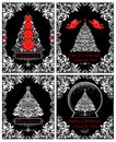 Vintage black and white Christmas cards with xmas tree and floral decorative borders Royalty Free Stock Photo