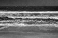 Vintage black and white grainy film concept. Seascape with empty sand beach and quiet waves