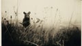 Vintage Black And White Kangaroo Photo In Tall Grass