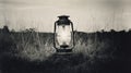 Vintage Black And White Lantern Illuminating Grassy Field