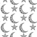 Vintage black and white pattern for Eid Mubarak festival , Crescent moon and star decorated on white background for muslim