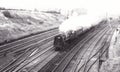 Vintage black and white photo of steam train locomotive 1958