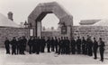 Vintage black and white postcard of Dartmoor Prison, Princetown showing prison officers 1920s Royalty Free Stock Photo