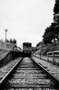 Vintage black and white railway with train