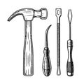 Vintage blacksmith tool set hammer, punch, pick, chisel in detailed sketch, AI Generative