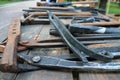 Vintage blacksmith tools on wooden table