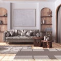 Vintage bleached wooden living room with curtains, fabric sofa, tables and carpet in white and beige tones. Parquet floor and Royalty Free Stock Photo