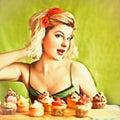 Vintage blond housewife and cupcakes