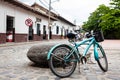 Vintage blue bike parked at the beautiful streets around the central square of the Heritage Town of Guaduas located in the Royalty Free Stock Photo