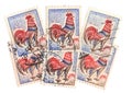 Vintage blue cockerel postage stamps from France. Royalty Free Stock Photo