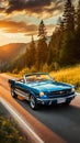 Vintage Blue Convertible Car 1965 Ford Mustang on Thrilling Mountain Road Royalty Free Stock Photo