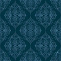 Vintage Blue and Cyan Ornamental outline curly ottoman ethnic curly seamless pattern, isolated on navy blue.