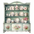 Vintage Blue Floral Painted China Cabinet - Detailed Miniatures