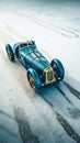 Vintage Blue and Gold Race Car Abandoned on Snowy Field Royalty Free Stock Photo