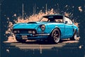 Vintage blue japanese sports car, digital illustration painting artwork Royalty Free Stock Photo