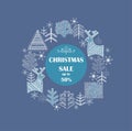 Vintage blue label for Christmas sale with decorative trees, deers and snowflakes Royalty Free Stock Photo