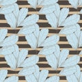 Vintage Blue Leaf Seamless Pattern On Stripe Background. Tree Leaves Backdrop. Autumn Floral Wallpaper