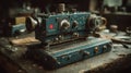 Vintage blue machine with retro dials and knobs in a workshop setting Royalty Free Stock Photo