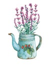 Vintage blue metal teapot with strawberries pattern and bouquet of lavender flowers.