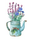 Vintage blue metal teapot with strawberries pattern and bouquet of wild flowers.