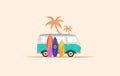 Vintage blue microbus, surf van car with surfboard and palm trees on background