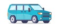 Vintage blue minivan isometric vector illustration. Retro minibus family riding travel journey