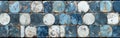 Vintage Blue Mosaic Motif Tiles on White Worn Cement Wall Texture - Seamless Pattern Background with Circle Print Royalty Free Stock Photo