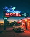 Vintage Blue Swallow Motel retro neon sign, on Route 66 in Tucumcari, New Mexico Royalty Free Stock Photo