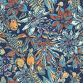 Vintage blue tropical floral natural seamless pattern. Passiflora texture