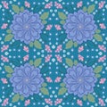 Vintage blue wreath flower illustration seamless pattern on blue background, abstract flora arranged mandalas repeat patterns for Royalty Free Stock Photo